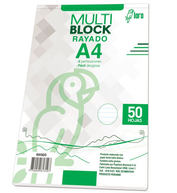 Block rayado A4 50 hojas Loro