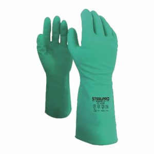 Guante nitrilo 18" verde sin flock T/9 Steelpro