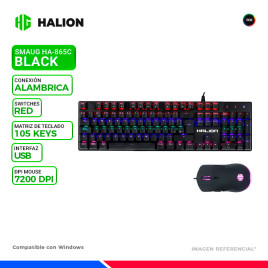 KIT GAMING HALION SMAUG HA-865C BLACK, TECLADO MECANICO + MOUSE, SWITCH RED, RGB
