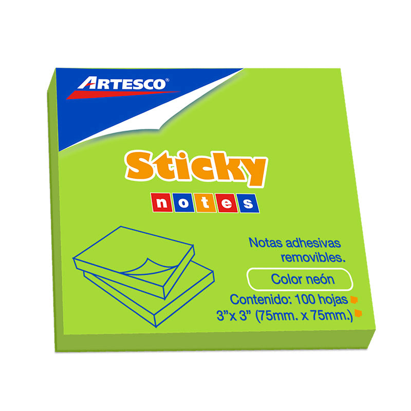 Notas adhesiva 3x3 100 hojas verde neón artesco