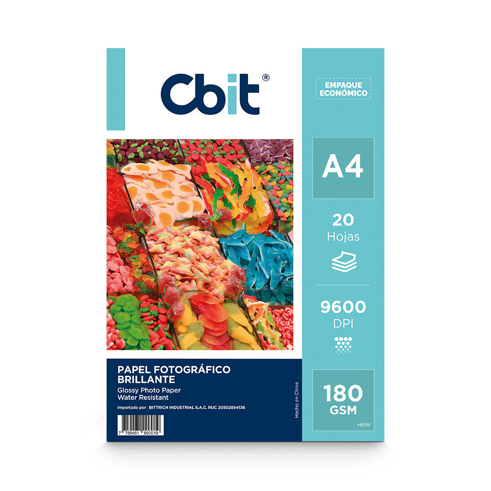 Papel fotográfico glossy A4 180gr x 20 hojas eco Cbit